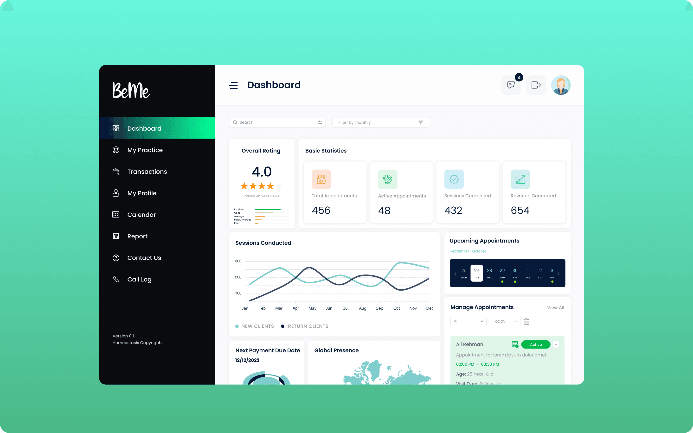 BeMe dashboard — therapist overview