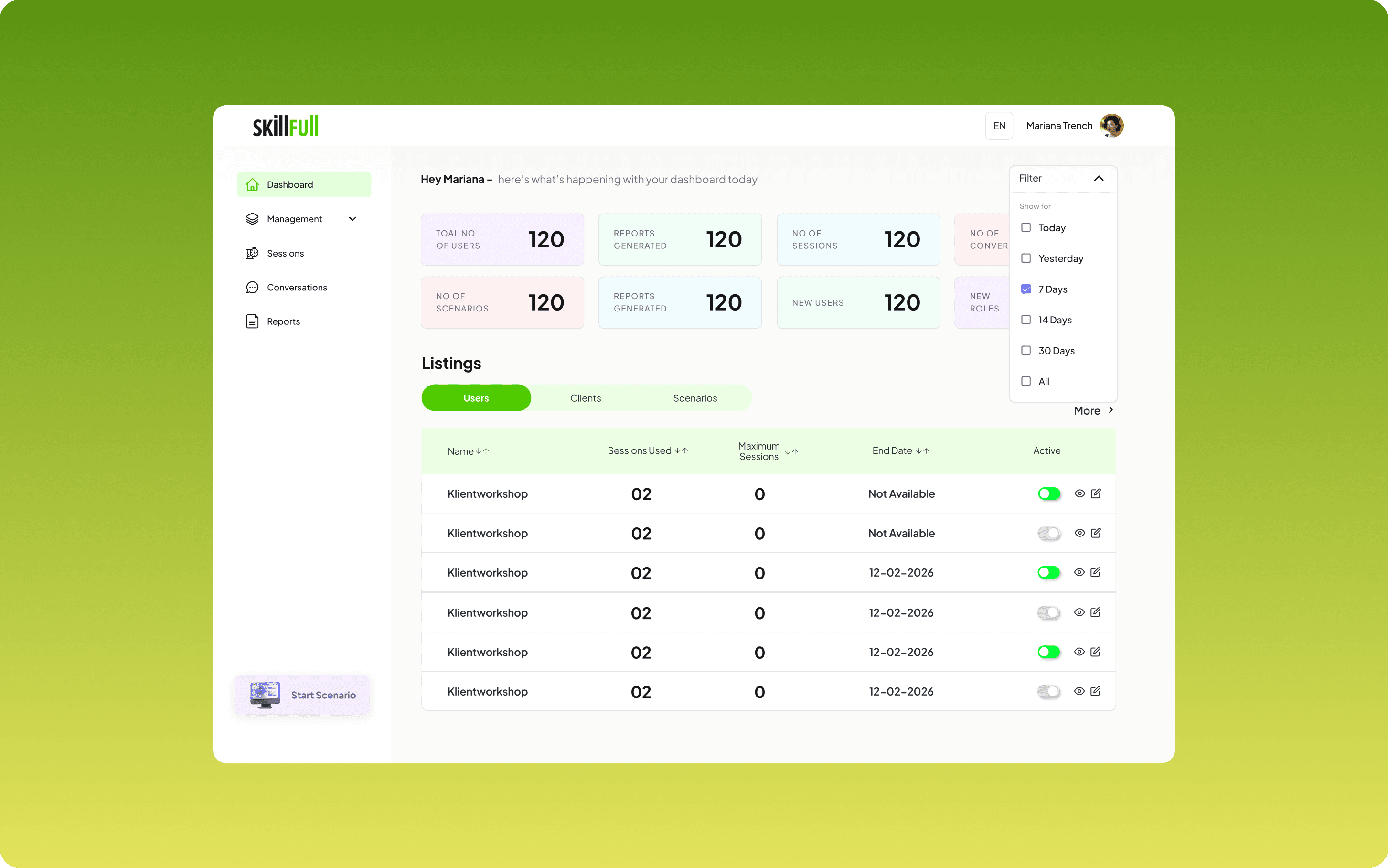 SkillFull — admin dashboard with stats and user listings